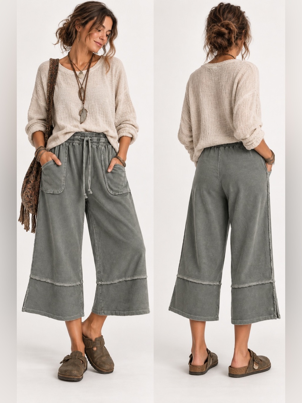 Easel Olive Grayish Wide Leg Cropped Lagenlook Boho Relaxed Slouchy Pants Large